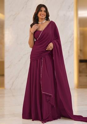 Wine Handwork Pre Draped Saree Set