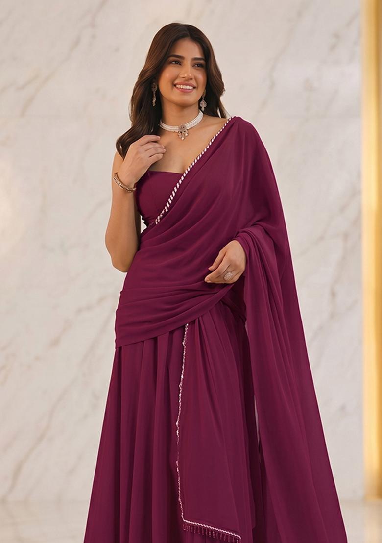 Wine Handwork Pre Draped Saree Set - Indya