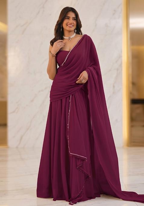 Wine Handwork Pre Draped Saree Set