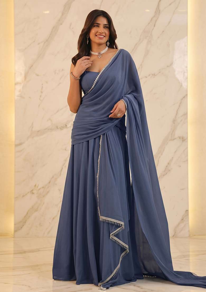 Slate Blue Handwork Pre Draped Saree Set - Indya