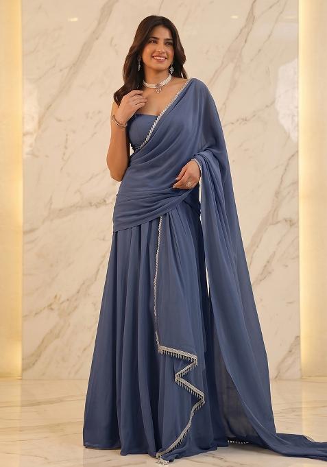 Slate Blue Handwork Pre Draped Saree Set