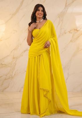 Mustard Handwork Pre Draped Saree Set