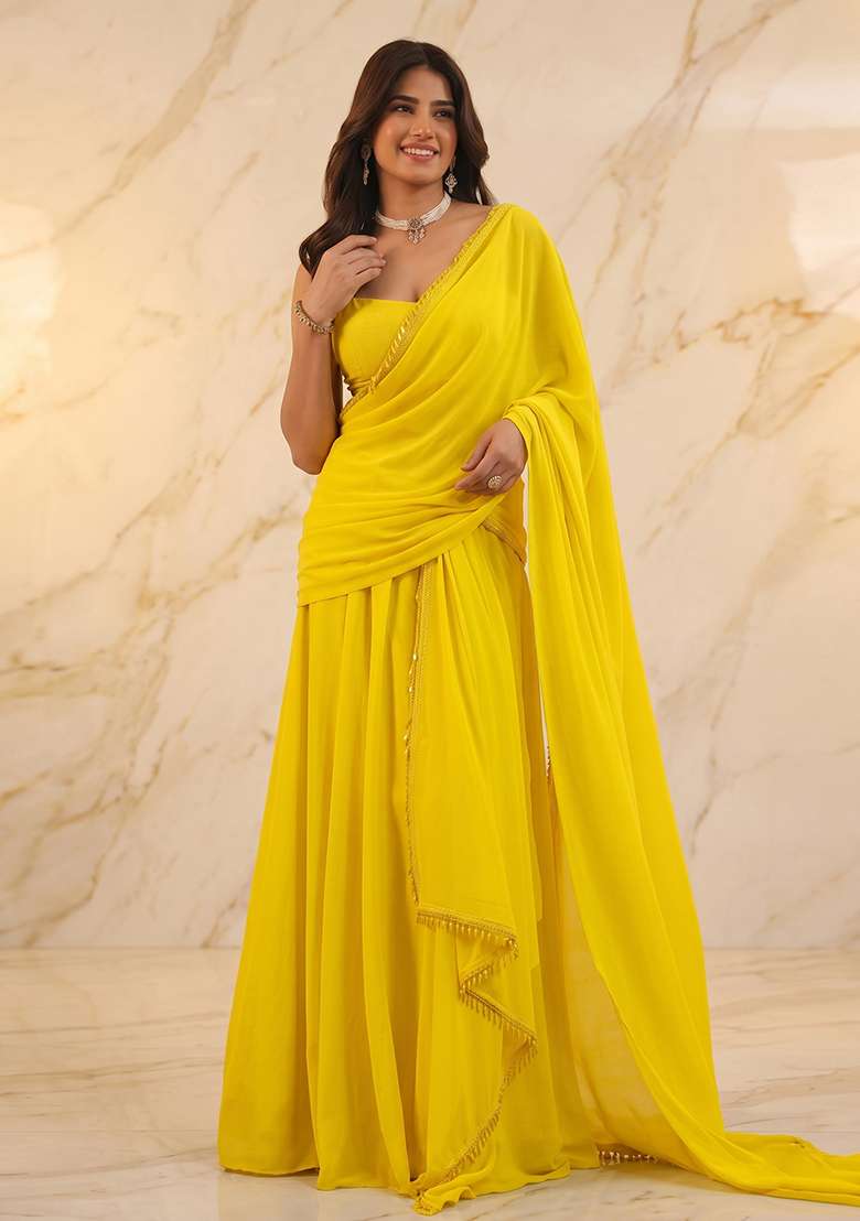 Mustard Handwork Pre Draped Saree Set - Indya