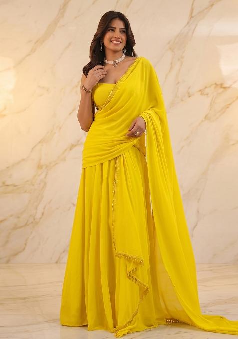 Mustard Handwork Pre Draped Saree Set