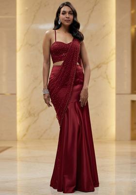 Maroon Handwork Pre Draped Saree Set