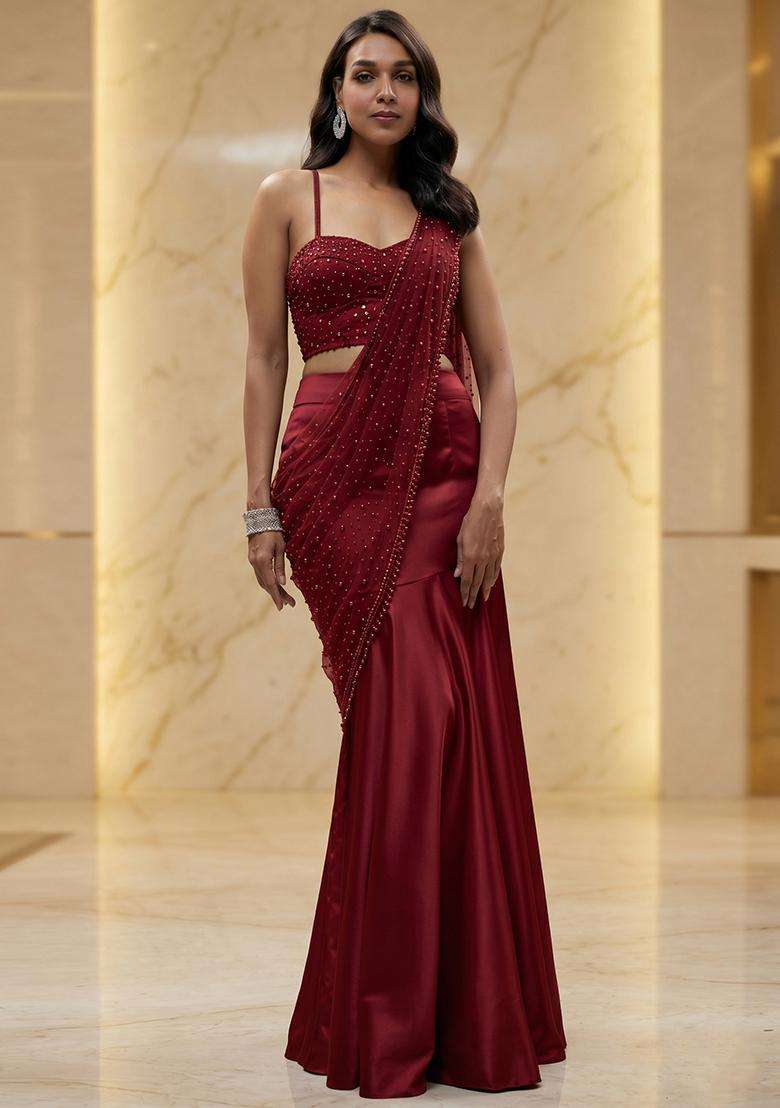 Maroon Handwork Pre Draped Saree Set - Indya