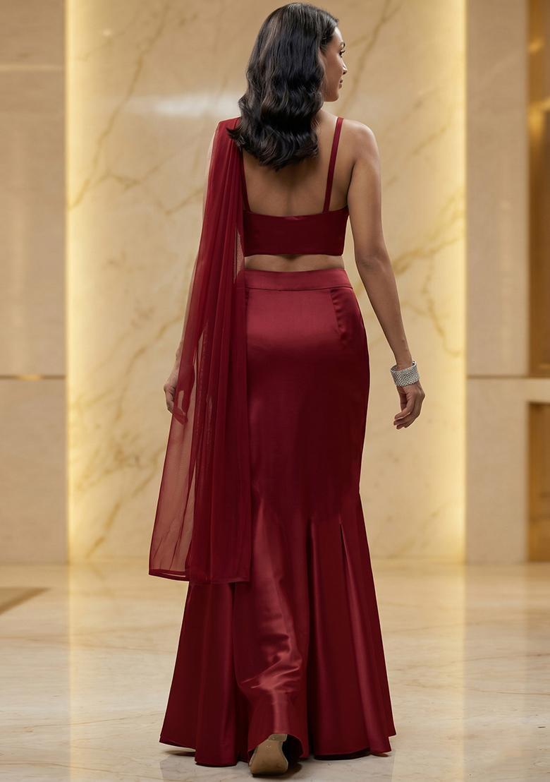 Maroon Handwork Pre Draped Saree Set - Indya