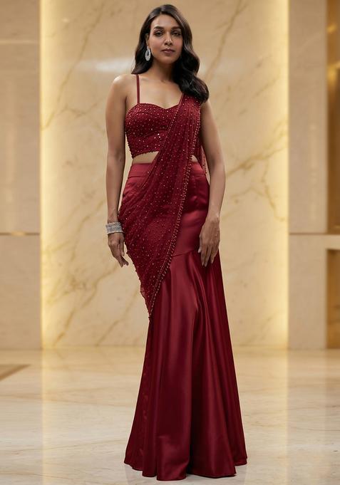 Maroon Handwork Pre Draped Saree Set