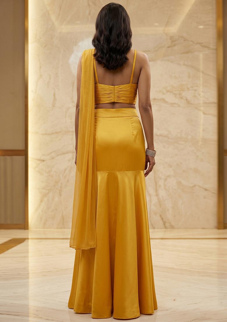 Mustard Handwork Pre Draped Saree Set - Indya