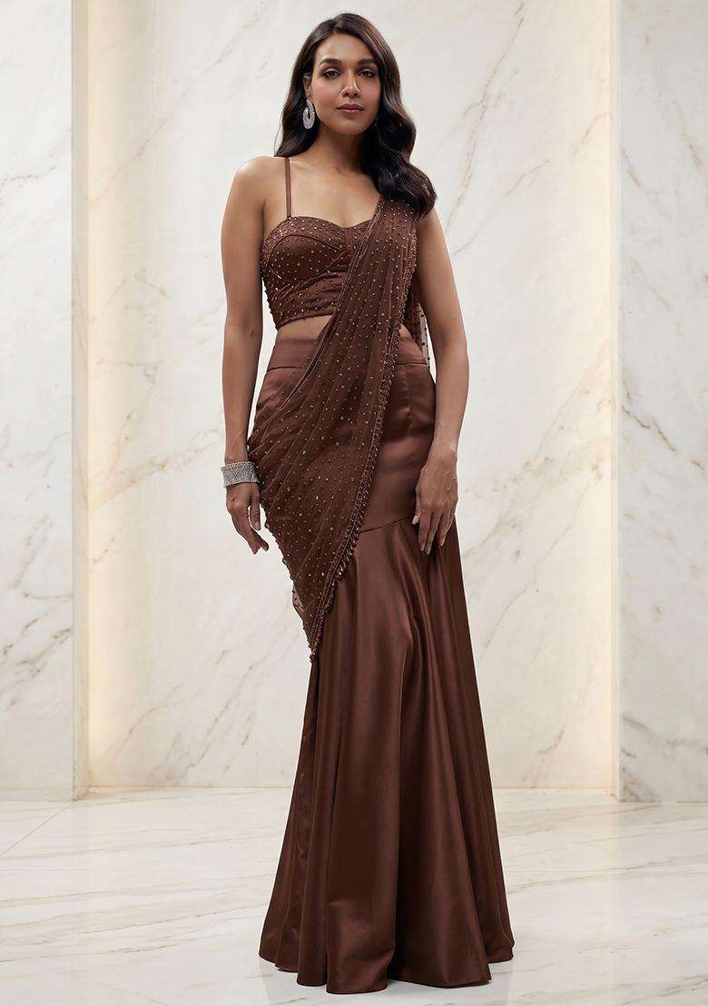Chocolate Brown Handwork Pre Draped Saree Set - Indya