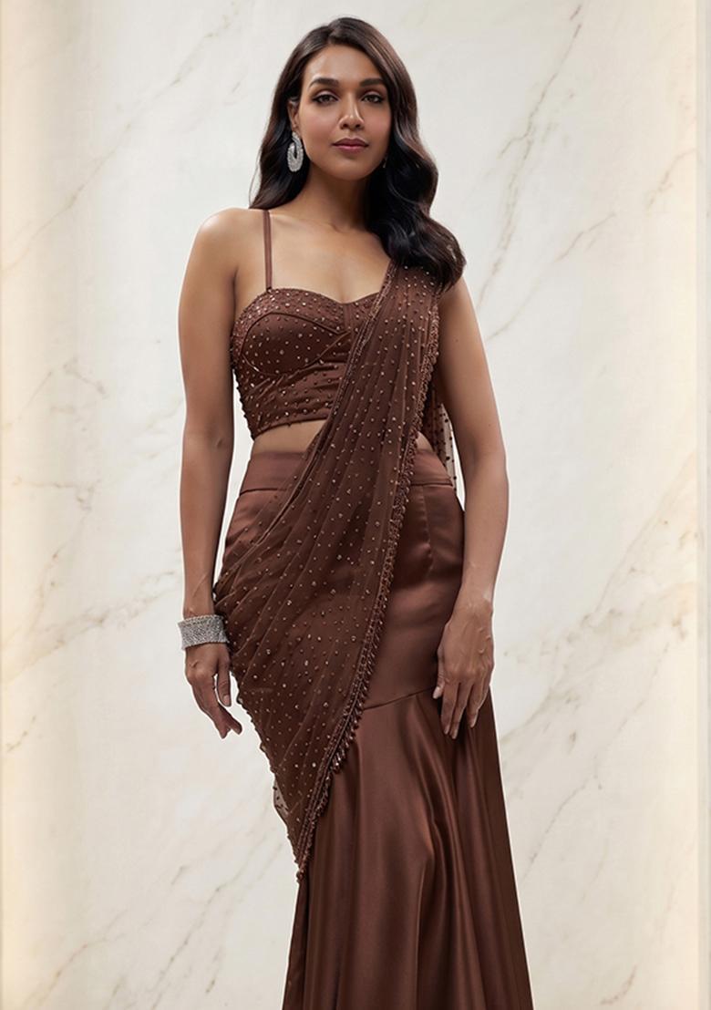 Chocolate Brown Handwork Pre Draped Saree Set - Indya