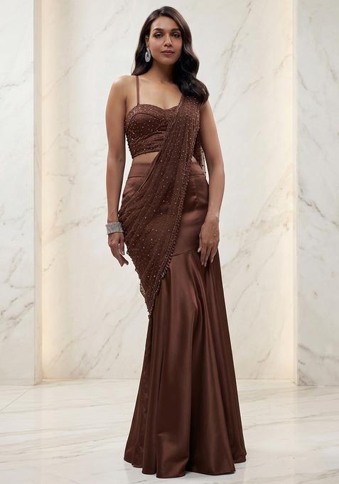 Chocolate Brown Handwork Pre Draped Saree Set