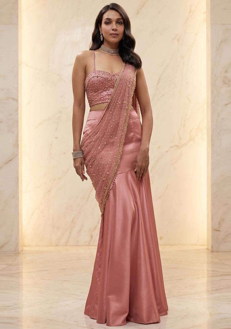 Antique Rose Handwork Pre Draped Saree Set - Indya