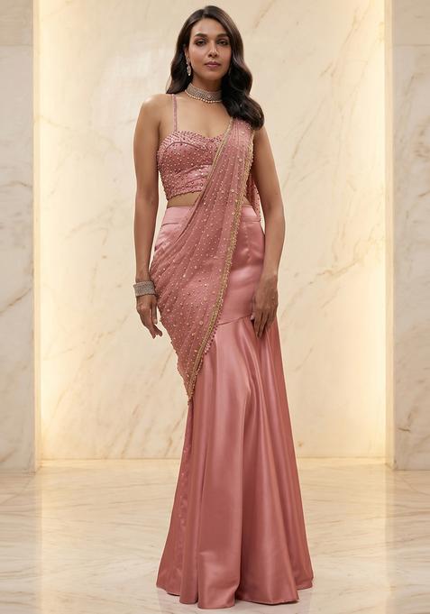 Antique Rose Handwork Pre Draped Saree Set