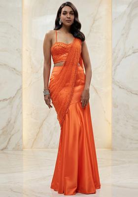Orange Handwork Pre Draped Saree Set