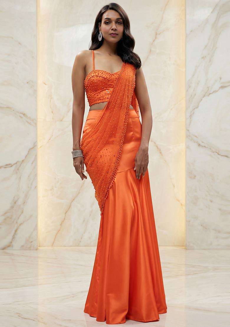 Orange Handwork Pre Draped Saree Set - Indya