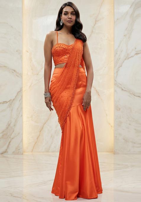 Orange Handwork Pre Draped Saree Set