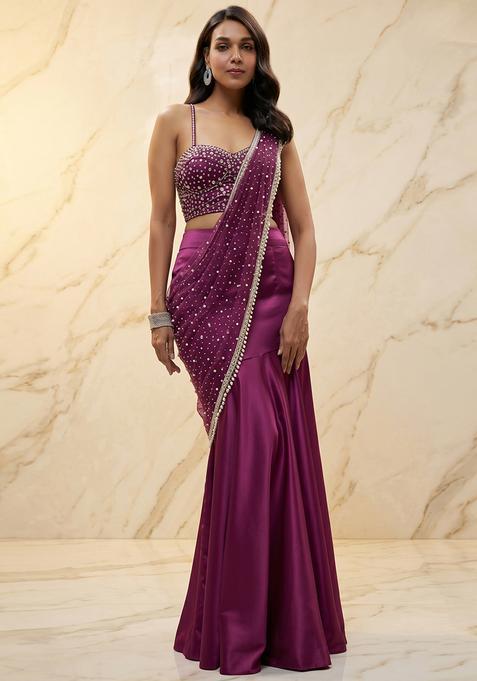 Wine Handwork Pre Draped Saree Set