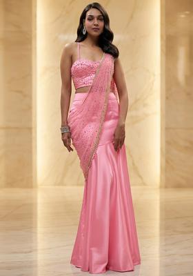 Baby Pink Handwork Pre Draped Saree Set