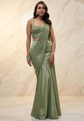Sage Green Handwork Pre Draped Saree Set