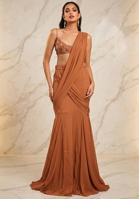 Camel Brown Handwork Pre Draped Saree Set