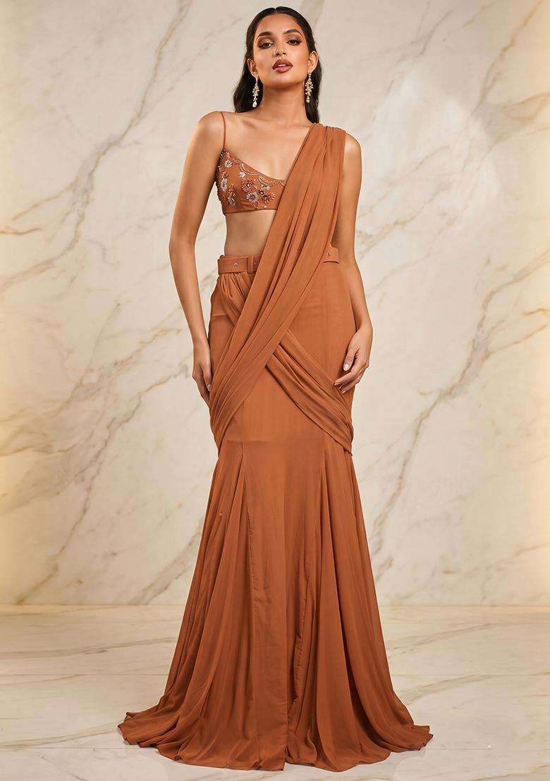 Camel Brown Handwork Pre Draped Saree Set - Indya