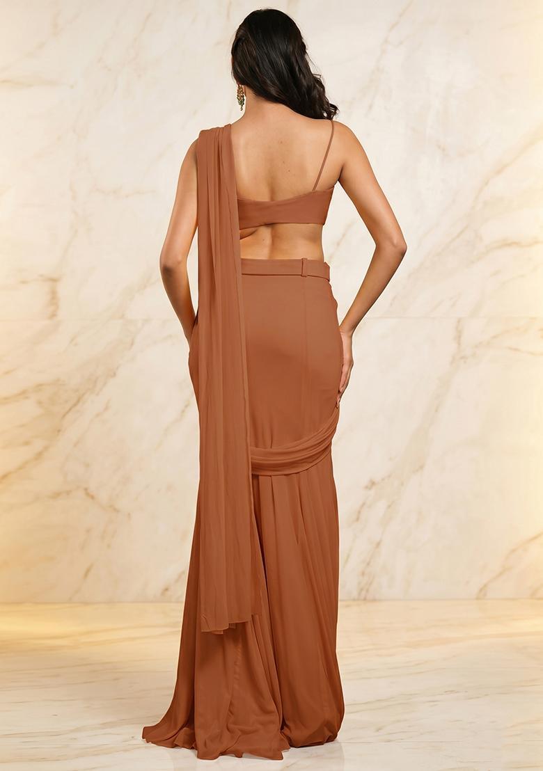 Camel Brown Handwork Pre Draped Saree Set - Indya