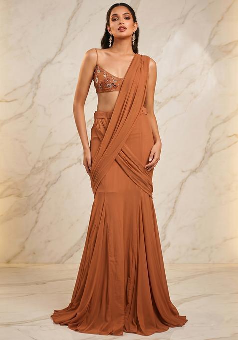 Rust Handwork Pre Draped Saree Set