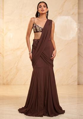 Chocolate Brown Handwork Pre Draped Saree Set