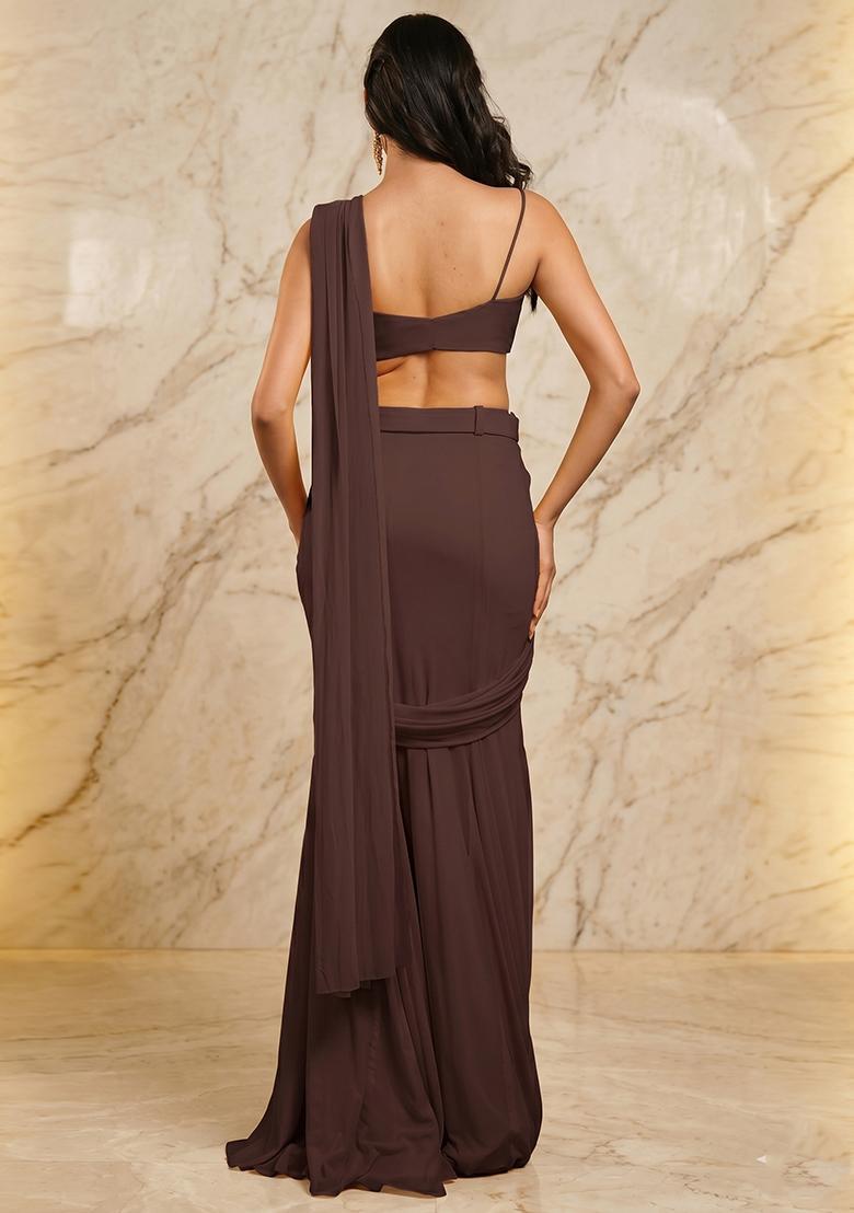 Chocolate Brown Handwork Pre Draped Saree Set - Indya
