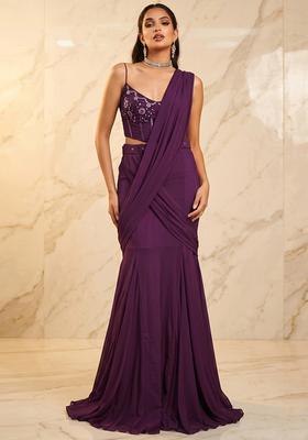 Deep Purple Handwork Pre Draped Saree Set