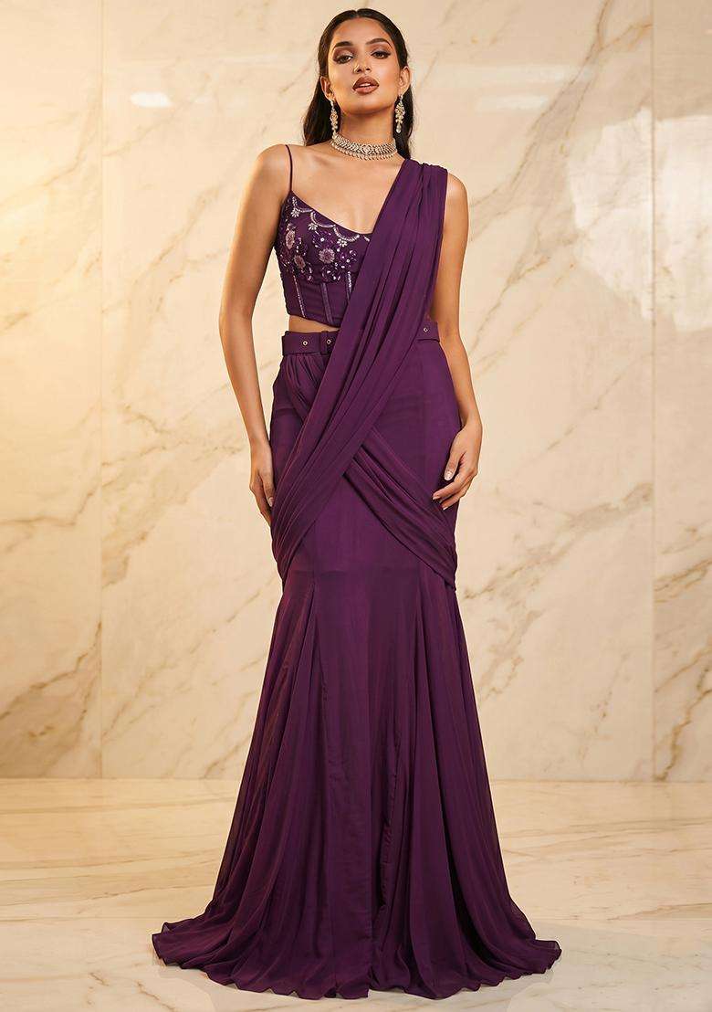 Deep Purple Handwork Pre Draped Saree Set - Indya
