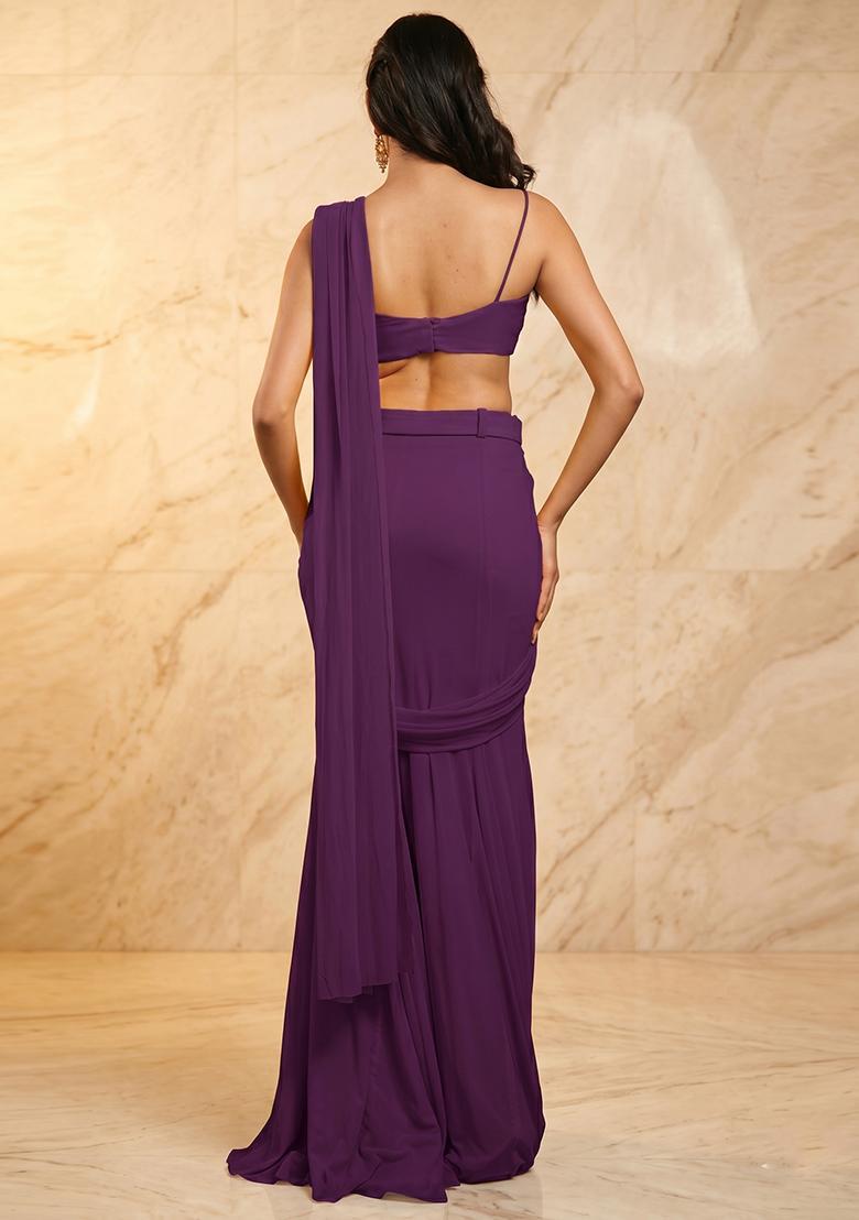 Deep Purple Handwork Pre Draped Saree Set - Indya