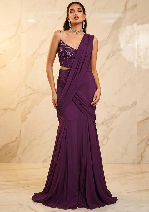 Deep Purple Handwork Pre Draped Saree Set
