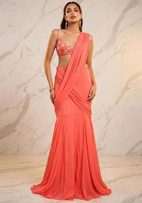 Coral Handwork Pre Draped Saree Set