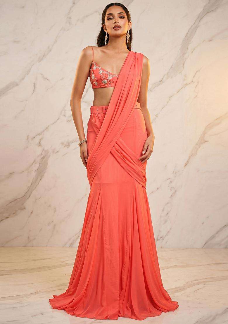 Coral Handwork Pre Draped Saree Set - Indya