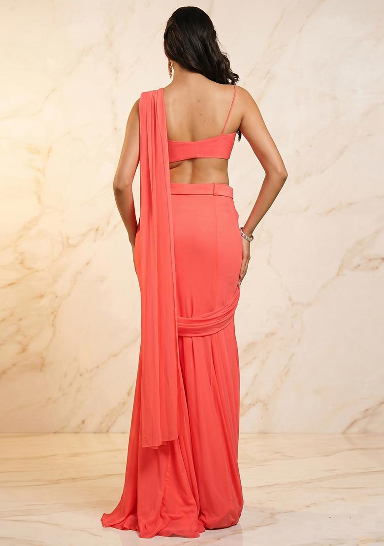 Coral Handwork Pre Draped Saree Set - Indya