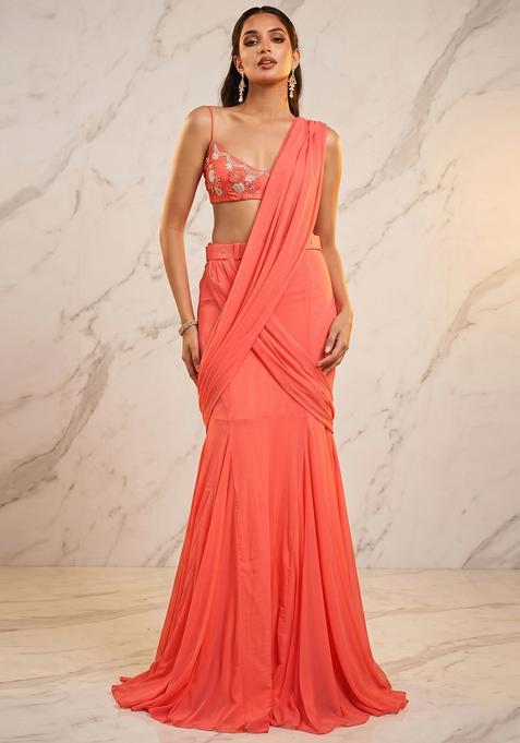 Coral Handwork Pre Draped Saree Set