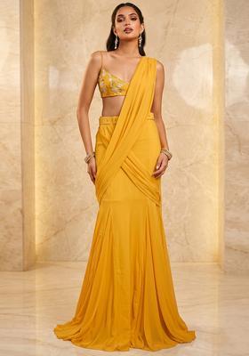 Mustard Handwork Pre Draped Saree Set