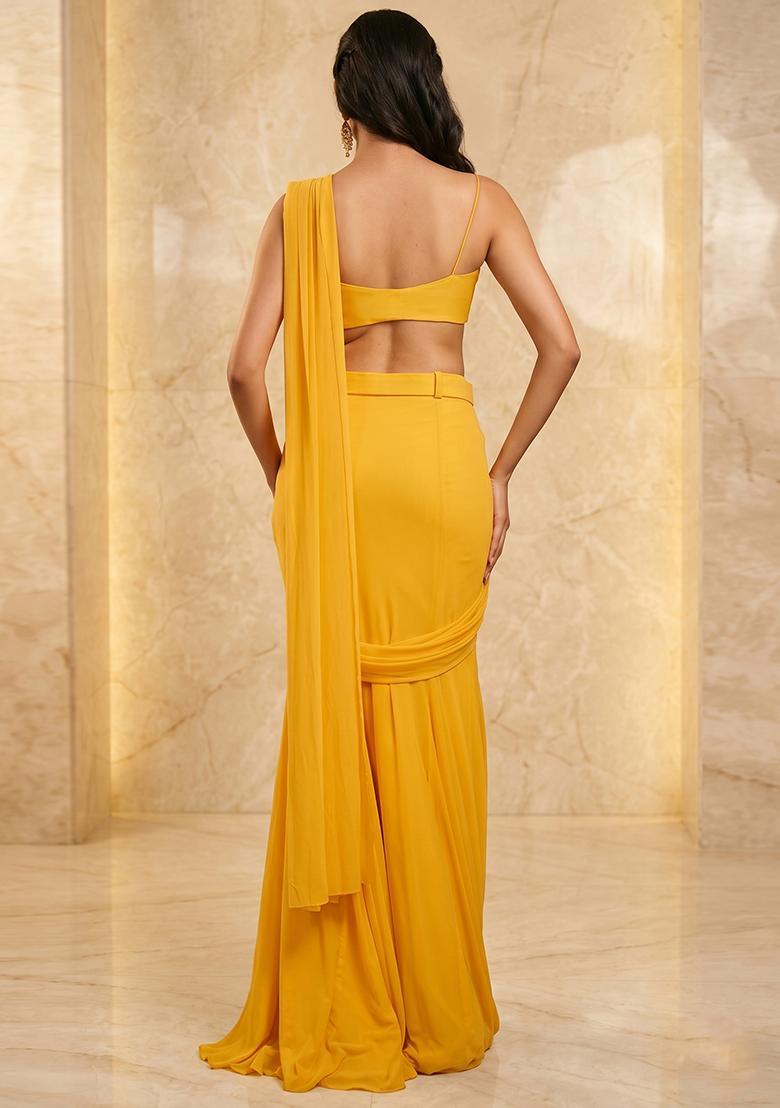 Mustard Handwork Pre Draped Saree Set - Indya