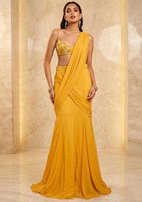 Mustard Handwork Pre Draped Saree Set