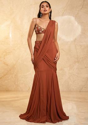 Rust Handwork Pre Draped Saree Set