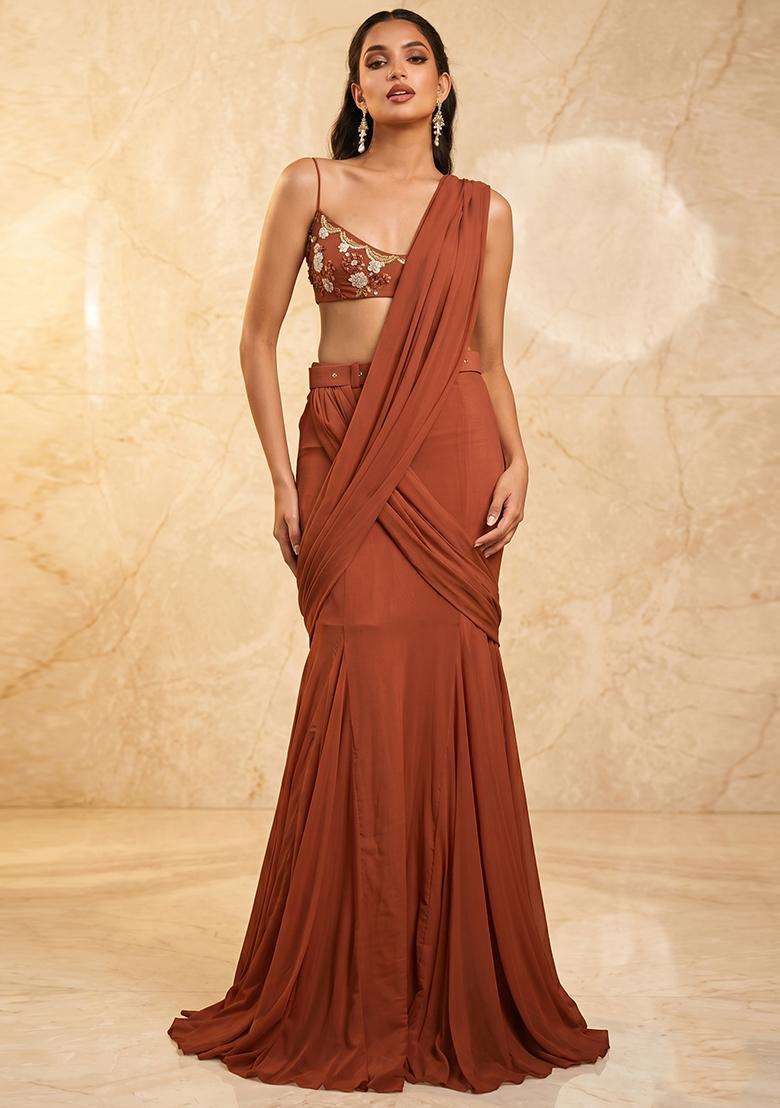 Rust Handwork Pre Draped Saree Set - Indya
