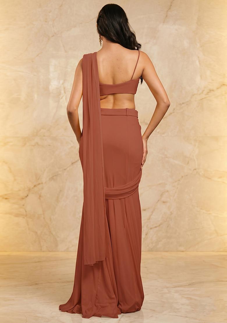 Rust Handwork Pre Draped Saree Set - Indya