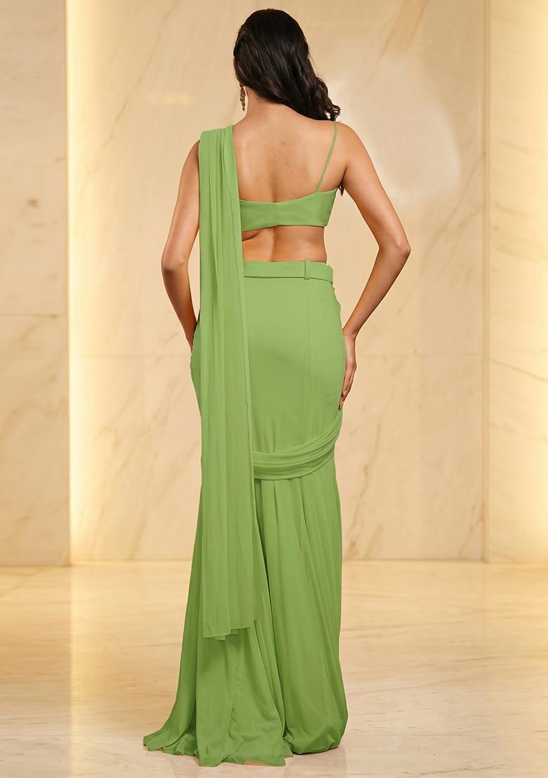 Pista Green Handwork Pre Draped Saree Set - Indya