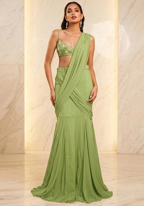 Pista Green Handwork Pre Draped Saree Set