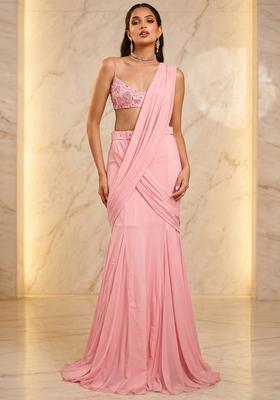 Blush Pink Handwork Pre Draped Saree Set