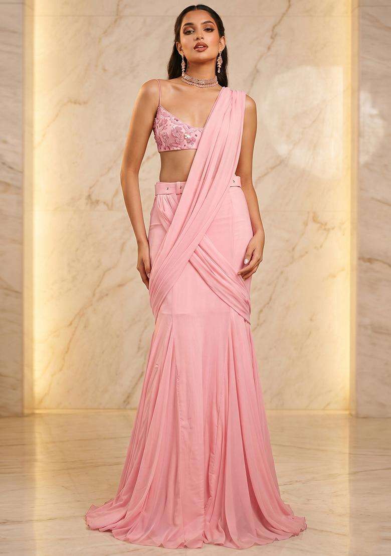 Blush Pink Handwork Pre Draped Saree Set - Indya
