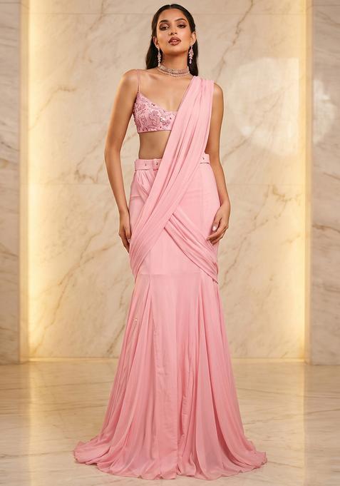 Blush Pink Handwork Pre Draped Saree Set