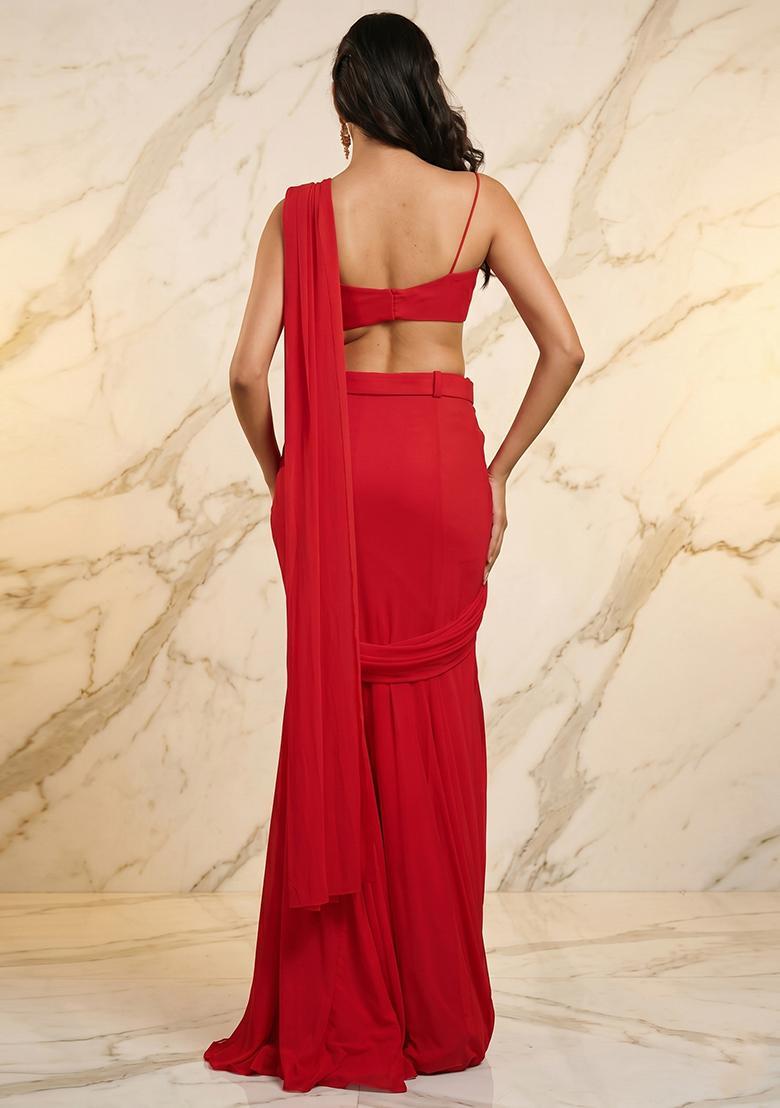 Red Handwork Pre Draped Saree Set - Indya